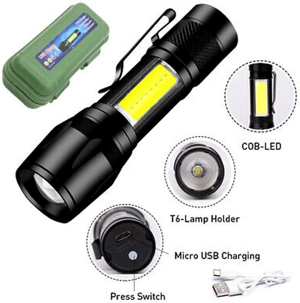 Mini Rechargeable Flashlight With 3 Light Modes Cob Side Metal Light For Camping,hunting