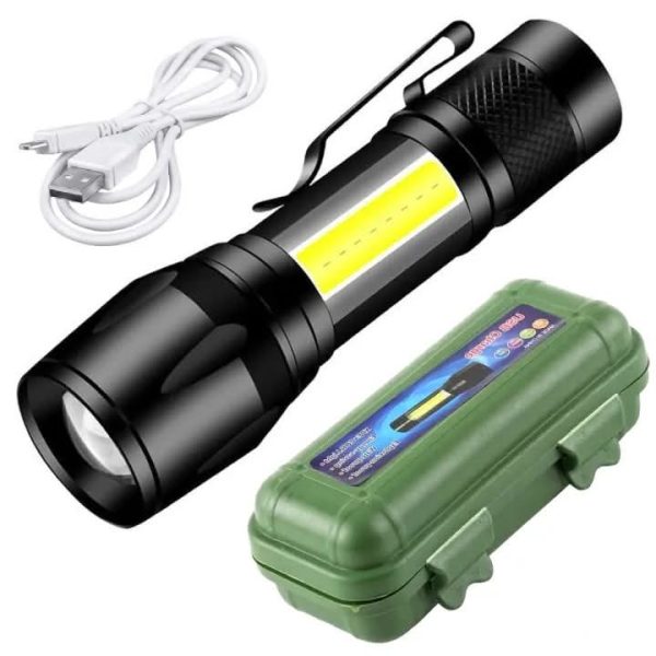 Mini Rechargeable Flashlight With 3 Light Modes Cob Side Metal Light For Camping,hunting